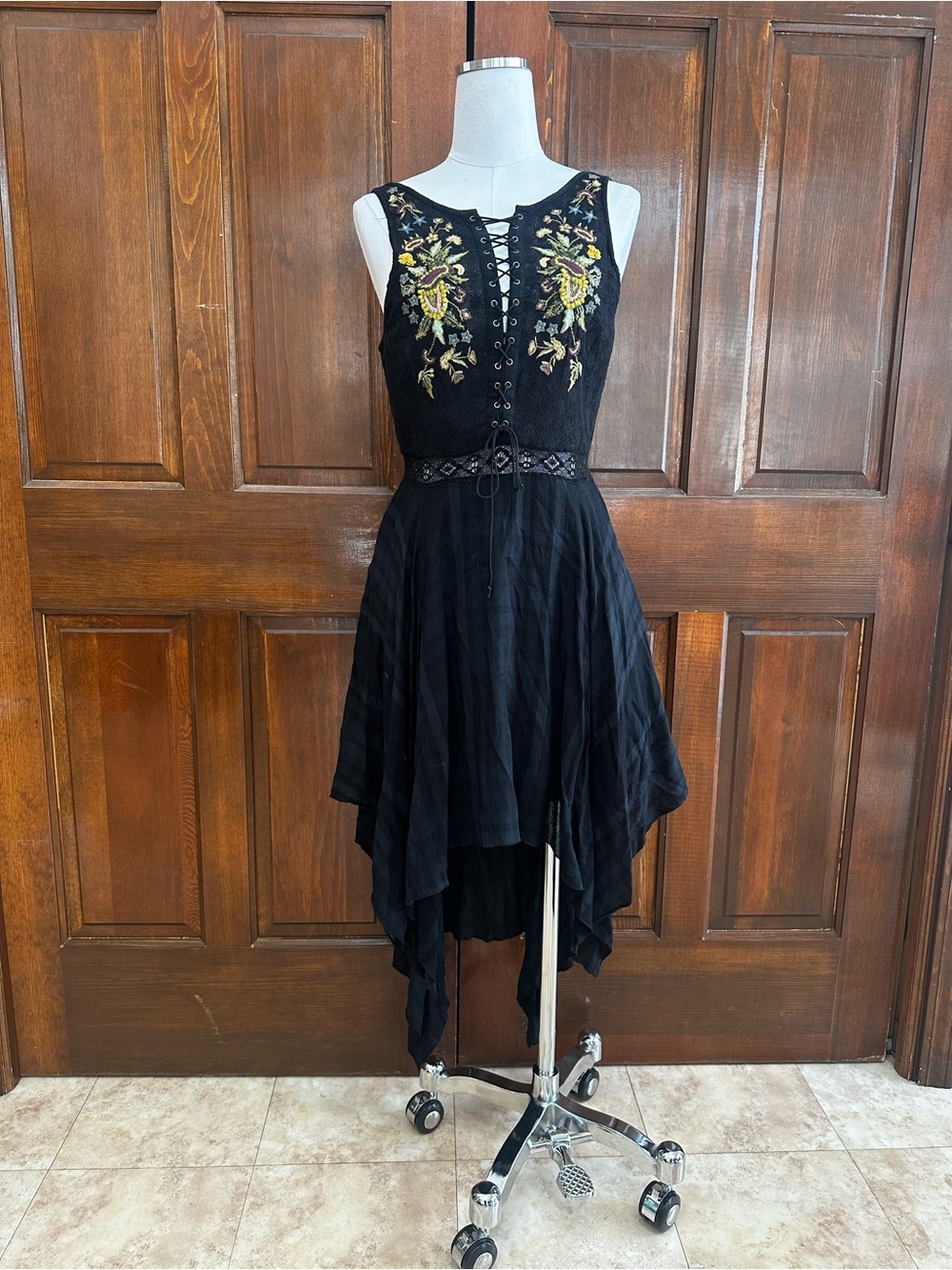 Free People Lace Me Up Embroidered Hi Low Handkerchief Hem Flowy Boho Dress